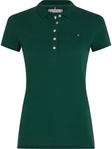Chomba verde oscuro de manga corta y corte slim, con cuello polo, cartera de cinco botones y logo bordado en el pecho.