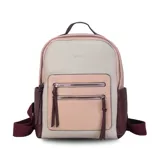 Mochila combinada en tonos beige, rosa y bordó, con apertura superior y dos bolsillos frontales con cierre metálico. Incluye bolsillos laterales y tres bolsillos internos. Tiene correa larga regulable y correas de espalda regulables.