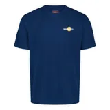 Remera de manga corta color azul marino, con cuello redondo y logo de la marca Merrell estampado en el pecho en color blanco y amarillo.