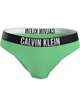 Parte de abajo de bikini Calvin Klein de tiro medio, color verde menta, con cintura elástica negra que lleva el logo de la marca en blanco.