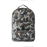 Mochila Adidas Classic con estampado de camuflaje en tonos verde, marrón y gris. Cuenta con el logo de Adidas en negro en el frente, un compartimento principal con cierre, un bolsillo frontal con cierre y un asa de mano en la parte superior.
