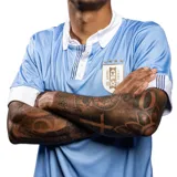 Camiseta oficial de la selección uruguaya de fútbol, color celeste con cuello polo blanco y detalles en azul. Presenta el escudo de la AUF en el pecho, número estampado y detalle conmemorativo en la parte inferior.