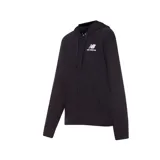 Campera New Balance negra con capucha y cierre frontal. Logo de New Balance estampado en blanco en el pecho.