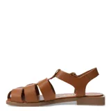 Sandalias franciscanas de cuero color marrón, con diseño de tiras cruzadas, punta cerrada y suela plana. Cuentan con cierre de hebilla metálica ajustable en el tobillo y detalle de aplique metálico con el logo de la marca.