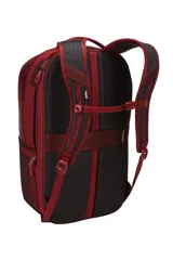 Mochila Thule Subterra de 30 litros color borgoña, con logo blanco estampado en el frente. Cuenta con compartimento acolchado para laptop de 15 pulgadas, bolsillo para tablet, PowerPocket para organizar cables y correas acolchadas para los hombros. Se puede sujetar a una maleta con ruedas.