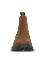 Botín tipo Chelsea color marrón, con paneles elásticos laterales negros y tiradores superiores con detalle de tejido amarillo. Cuenta con una suela de goma robusta y dentada de color negro, diseñada con tecnología de amortiguación.