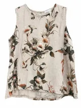 Musculosa beige con estampado floral en tonos marrones y blancos, de cuello redondo y sin mangas.