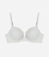 Soutien blanco con aro y copa moldeada, confeccionado en encaje floral. Posee breteles finos ajustables y cierre posterior por colchetes. El diseño presenta laterales anchos y un borde festoneado en la cintura.