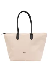 Bolso tipo tote color beige con manijas marrones.