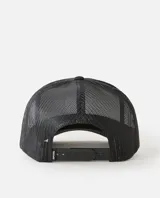 Gorro tipo trucker Rip Curl color negro, con panel frontal rígido, visera curva y parte trasera de red. Cuenta con un parche circular estampado en el frente con diseño gráfico y letras.