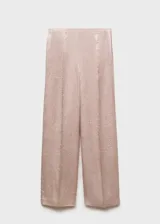 Pantalón wide leg de tiro medio y tejido satinado, con diseño largo y efecto arrugado, y cierre de cremallera en la parte posterior.