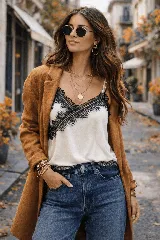 Top lencero de satén color crema con detalles de encaje negro en el escote y el ruedo. Presenta breteles finos y un diseño elegante con escote en V.