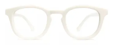 Armazón de acetato blanco con forma panto, puente de botella y patillas con núcleo de metal plateado. Apto para graduación de lentes.
