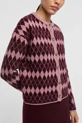 Saco tejido de punto con diseño de rombos en tonos bordó y rosado. Presenta cuello redondo, cierre frontal con botones y mangas largas.