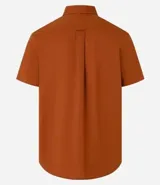 Camisa celeste de lino y algodón, corte comfort, con cuello camisero, manga corta y cierre frontal con botones.