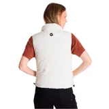 Chaleco puffer corto de color blanco, con cuello alto, cierre frontal con cremallera y solapa protectora. Presenta bolsillos laterales con cierre y forro interior estampado con logo de la marca.
