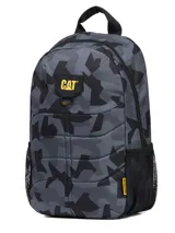 Mochila Caterpillar modelo Benson Backpack, color gris y negro con estampado geométrico de camuflaje, compartimento principal con cierre de cremallera, bolsillo frontal, bolsillos laterales de red y asa superior.