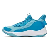 Championes de básquetbol Under Armour Curry 3Z7, color azul con detalles en blanco y verde lima. Presentan una combinación de malla transpirable y revestimientos de cuero, con entresuela Micro G para amortiguación y suela de goma de alta tracción.