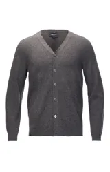 Cardigan de hombre tejido en cashmere, con cuello en V, cierre frontal de botones y mangas largas con puños acanalados.