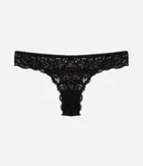 Bombacha bikini hilo de encaje floral blanco, con pequeña moña aplicada en la parte delantera y forro de algodón.