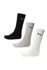 Pack de tres pares de medias Puma de caña alta, confeccionadas en suave algodón, en colores negro, gris melange y blanco, con el logo de la marca bordado en el lateral superior.
