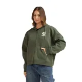 Canguro Roxy Hibiscus verde militar, con cierre frontal completo, capucha con cordón ajustable, bolsillos tipo canguro y pequeño estampado floral en el pecho.