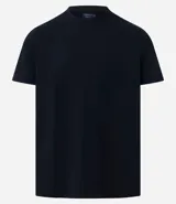 Remera azul marino de algodón, con cuello redondo y mangas cortas.