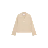 Sweater de punto acanalado de Eme Studios, color beige, con cuello polo y escote en V. Presenta un diseño holgado, mangas largas y un pequeño bordado con el logotipo de la marca en el pecho.