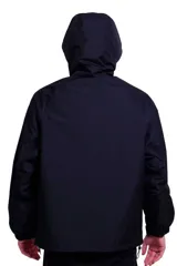 Campera rompevientos Lotto color amarillo flúor, con capucha ajustable, cierre frontal parcial, bolsillo tipo canguro con solapa y logo de la marca estampado en el pecho.