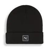 Gorro tipo beanie de tejido de punto color negro, con diseño de corona alta y parche cuadrado con el logo de Puma en el frente.
