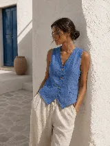 Chaleco sastrero de lino color azul, con escote en V, botones frontales y bolsillos ojal simulados.