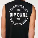 Musculosa Rip Curl Staple Muscle de color negro, con cuello redondo y diseño sin mangas. Presenta un pequeño logo estampado en el pecho.