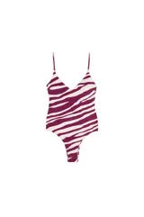 Malla enteriza con estampado animal print de cebra en color violeta y blanco. Presenta escote en V, espalda abierta, tirantes regulables y copas extraíbles.