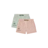 Pack de dos boxers de algodón con diseño de rayas verticales, uno en tonos blanco y verde con estampa lateral y etiqueta de la marca en la cintura, y otro en tonos blanco y bordó con detalles similares.