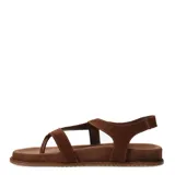 Sandalias de cuero marrón, tipo thong con tira separadora de dedos y cierre con tira ajustable en el talón.
