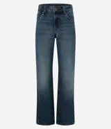 Pantalón de jean azul con lavado desgastado, de corte bootcut, tiro bajo y bolsillos funcionales con tachas metálicas.