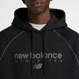 Canguro New Balance de la colección Trackside, color negro con diseño de mangas raglán y ribetes en contraste. Presenta capucha con cordón ajustable, bolsillo frontal tipo canguro, puños y dobladillo acanalados, y gráfico de marca en el pecho.