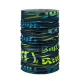 Bufanda tubular multifuncional Buff, confeccionada en tejido elástico con protección solar UPF 50. Presenta un diseño estampado con letras y efectos de luz en tonos azules, verdes y negros.