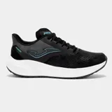 Championes de running Joma modelo Rodio, color negro con detalles en celeste y suela blanca. Presentan un diseño aerodinámico con malla transpirable y refuerzos laterales.