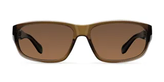 Lentes de sol con diseño rectangular y envolvente de estilo deportivo. Montura de material bio-based color mostaza con lentes polarizadas color marrón.