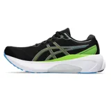 Championes de running Asics Gel-Kayano 30, color negro con detalles en verde lima y celeste, entresuela blanca y suela azul.