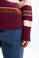 Polera de punto con diseño a rayas horizontales en tonos bordó, marrón y crema, de cuello alto y manga larga con puños acanalados.