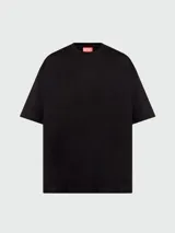 Remera Diesel negra de corte holgado, con cuello redondo y manga corta. Presenta un logo ovalado en relieve del mismo color en el pecho.