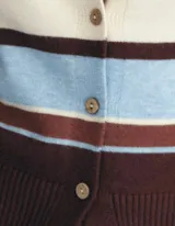 Cardigan de punto con diseño a rayas horizontales en tonos marrón, beige y celeste. Presenta cuello tipo polo, cierre frontal con botones y ajuste al cuerpo.