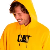 Canguro amarillo con capucha ajustable y bolsillo tipo canguro. Logo CAT estampado en negro en el pecho.