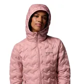 Campera técnica Columbia modelo Delta Ridge II, color rosado, con tecnología de aislamiento térmico HeatSeal y forro reflectante Omni-Heat. Presenta cierre frontal completo, capucha integrada, bolsillos laterales con cierre y diseño acolchado sin costuras.