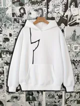 Buzo canguro blanco con capucha y bolsillo frontal, con estampado de Gen Asagiri de la serie Dr. Stone.