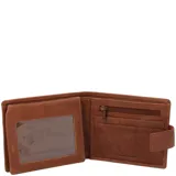 Billetera de cuero marrón RKF, modelo Volante, con cierre de presilla y logo grabado en relieve.