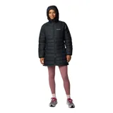 Campera larga tipo parka Columbia, modelo Powder Lite II Mid, color negro. Cuenta con tecnología Omni-Heat™ termorreflectante, aislamiento sintético Thermarator™ y tratamiento repelente Omni-Shield™. Presenta capucha integrada, cierre frontal completo, bolsillos laterales con cremallera y puños elásticos.