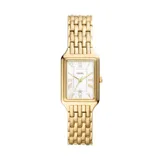 Reloj Fossil modelo Raquel con caja rectangular dorada de 23mm y malla metálica dorada. Esfera plateada con números romanos y función de fecha. Resistente al agua 5 ATM.